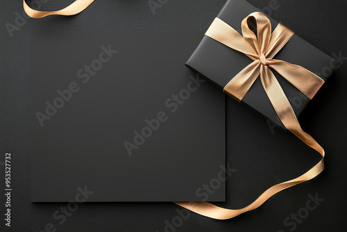 Elegant black gift box with gold ribbon and blank card on dark background, perfect for special occasions and celebrations.