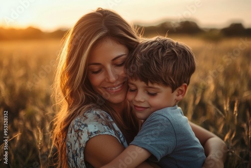 Mom and son hugging sitting at field, Generative AI photo