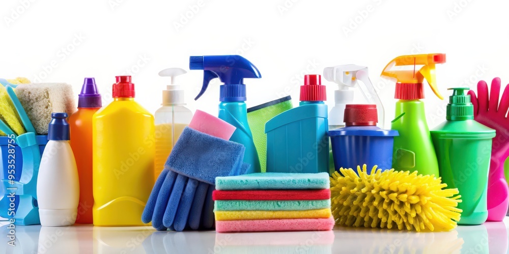 A close-up of a set of cleaning supplies on a white background, housecleaning, hygiene, spring, chores, cleaning supplies A close-up of a set of cleaning supplies on a white background, housecleaning, hygiene, spring, chores, cleaning supplies