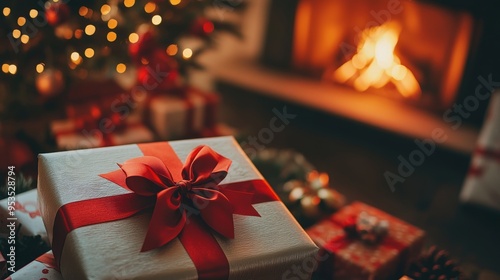 A close-up of a beautifully wrapped gift with a shining  Chrestmas tree photo