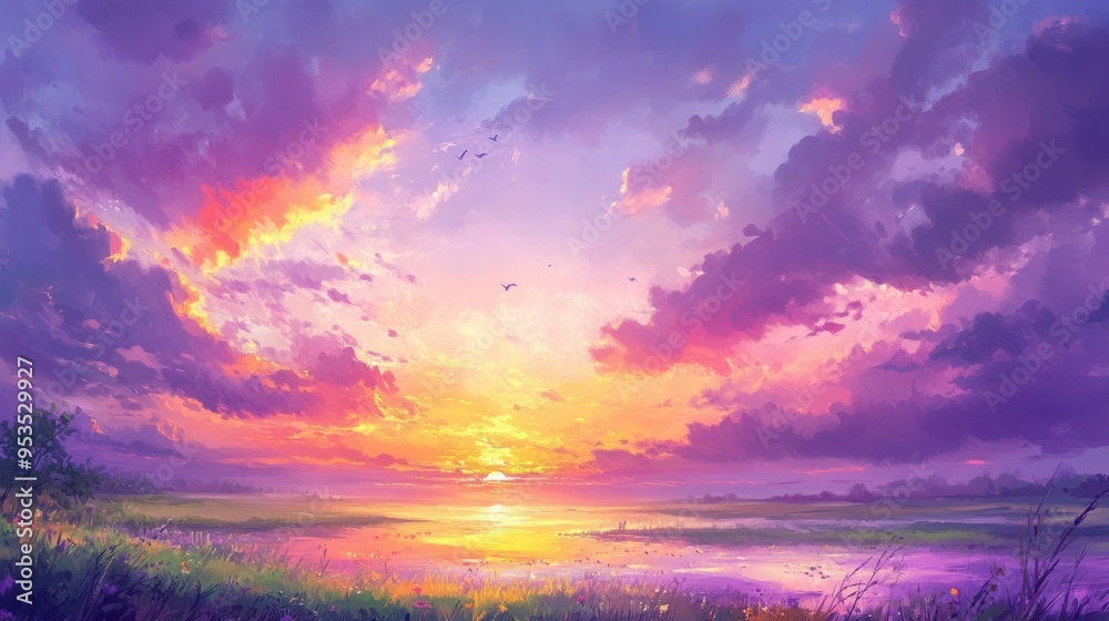 A Vibrant Sunset Over a Field of Flowers A Vibrant Sunset Over a Field of Flowers