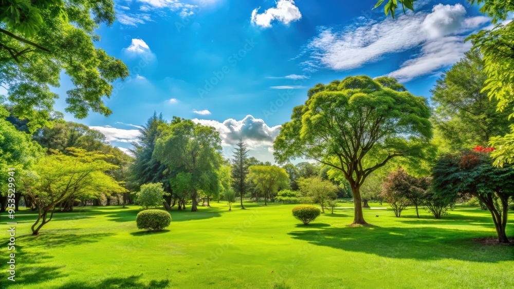 Fototapeta premium Green park with clear skies and lush vegetation , nature, outdoor, summer, greenery, serene, peaceful, environment, landscape, foliage