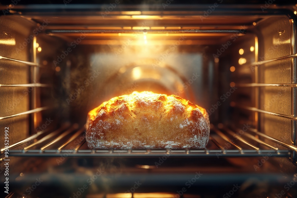 A loaf of bread is baking in an oven A loaf of bread is baking in an oven