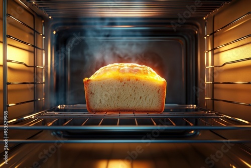 A loaf of bread is baking in an oven photo