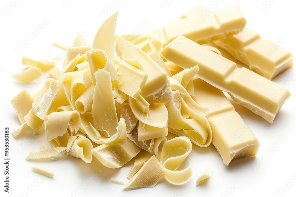 White chocolate pieces and curls isolated on white background White chocolate pieces and curls isolated on white background
