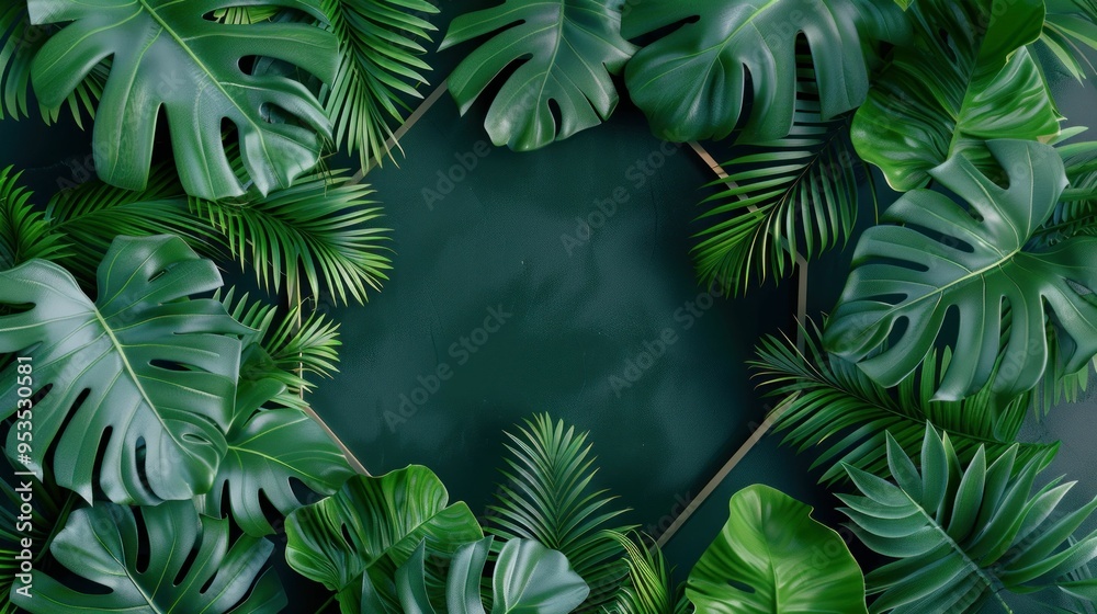 Tropical green leaves frame on dark background for nature themes Tropical green leaves frame on dark background for nature themes
