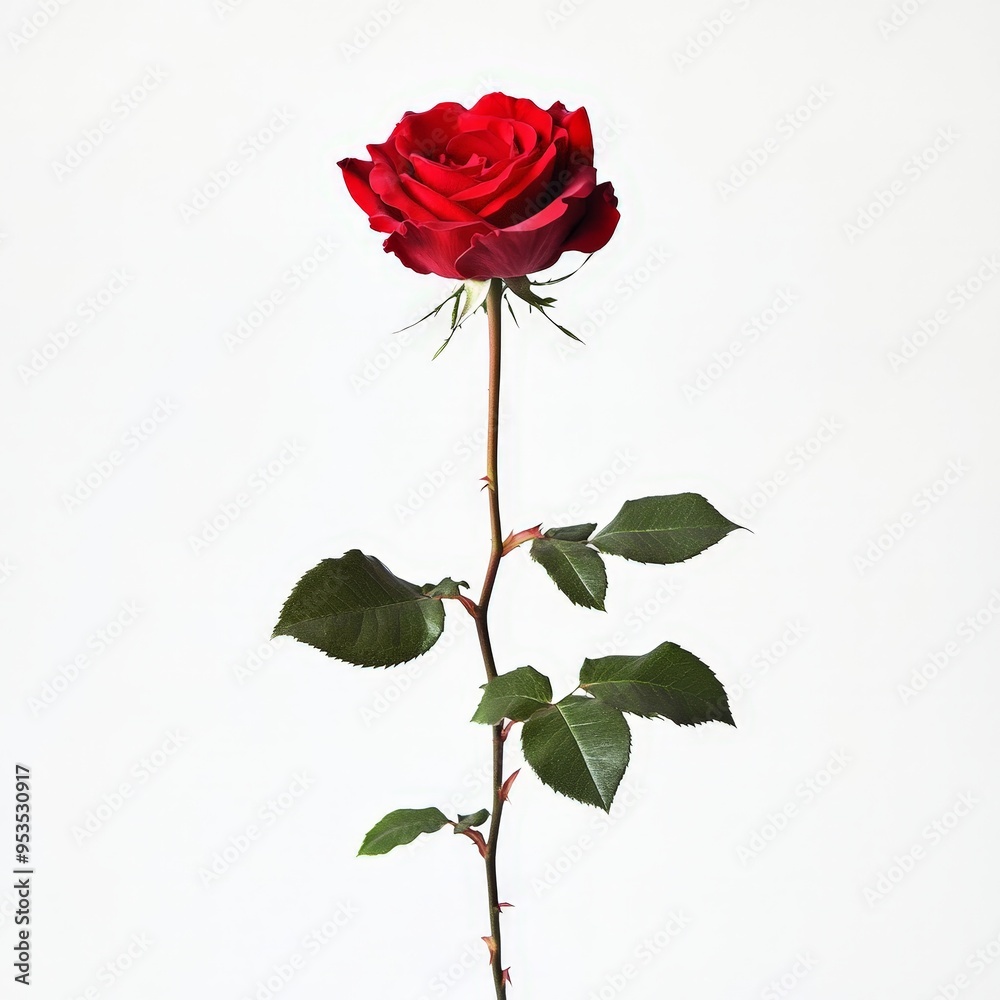 A single red rose with green leaves is the main focus of the image