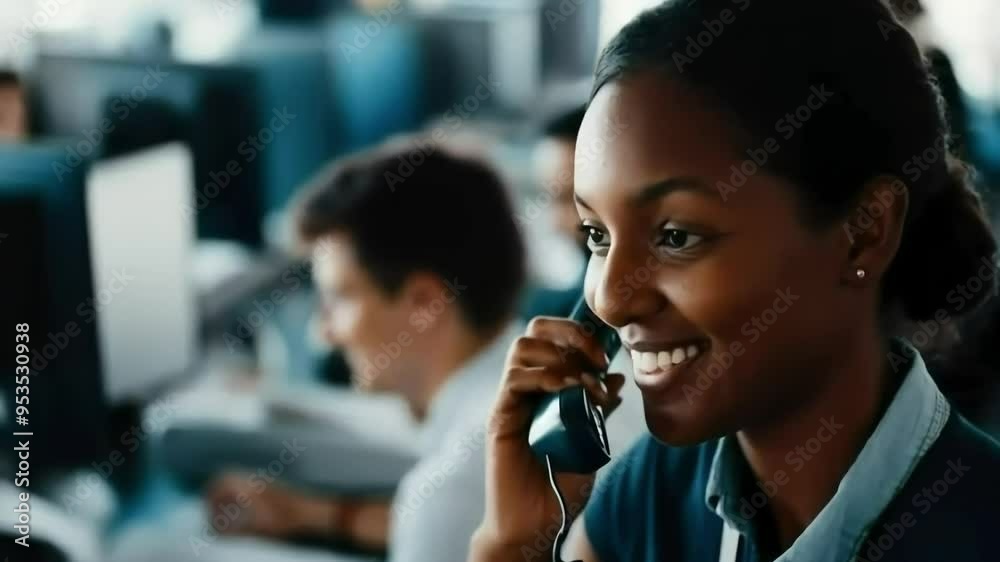 Call center representative talking to client