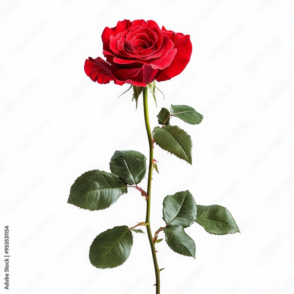 A single red rose with green leaves stands tall on a white background A single red rose with green leaves stands tall on a white background