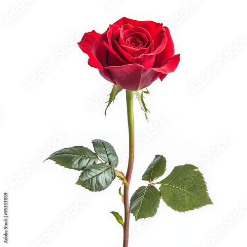 A single red rose with a green leaf on top