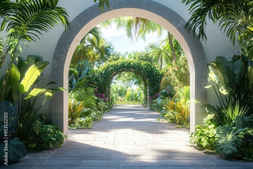 A white archway with green vines and bushes surrounding it