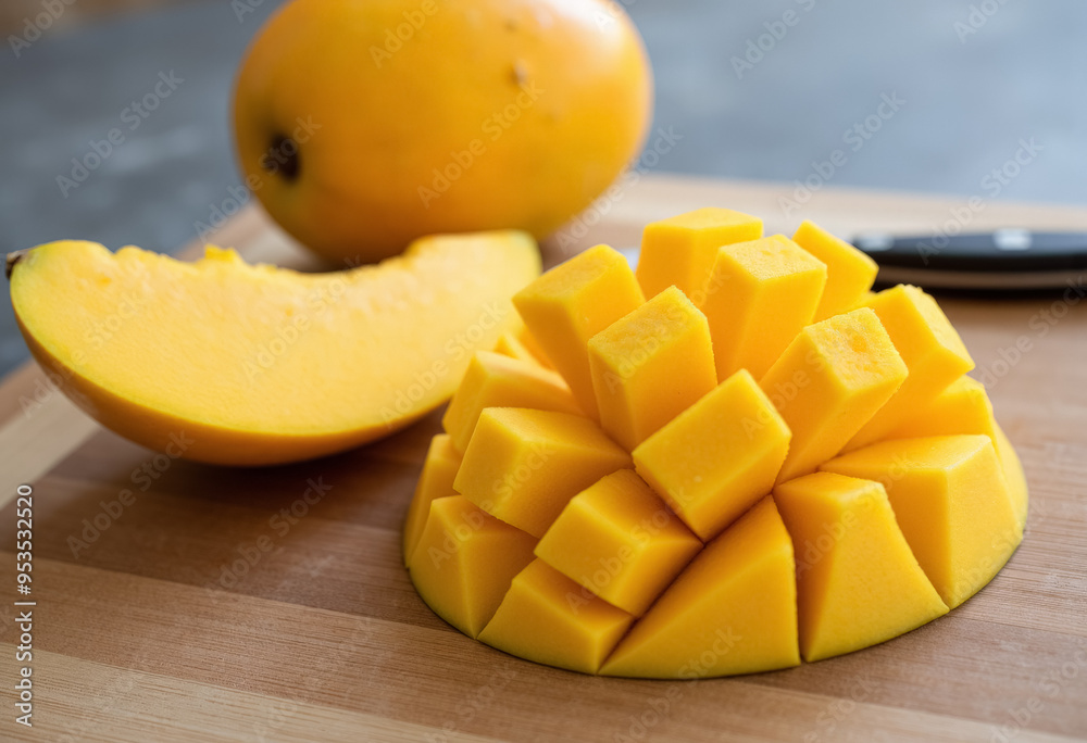 Sliced and whole mango fruit. Sliced and whole mango fruit.