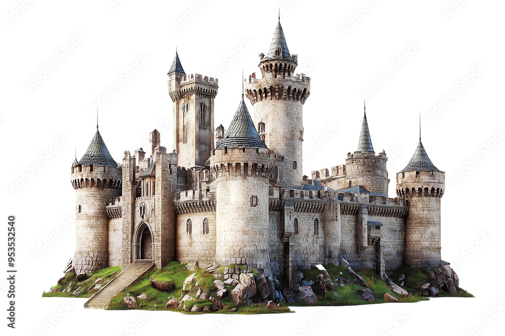 Medieval stone castle with towers, turrets, and battlements, isolated on PNG cutout background. Medieval stone castle with towers, turrets, and battlements, isolated on PNG cutout background.