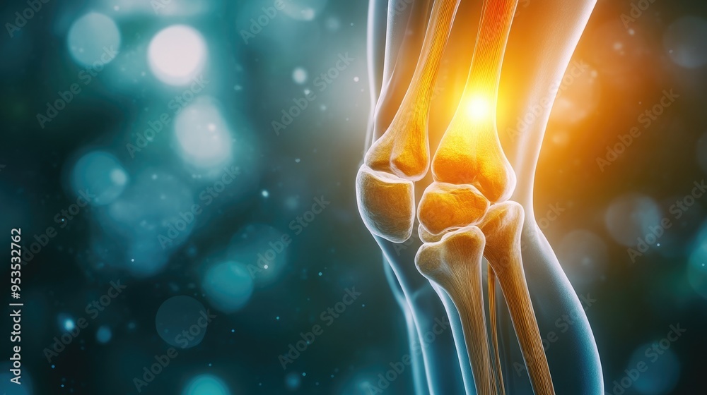 Human knee joint highlighted ligaments and tendons on a blurred ...