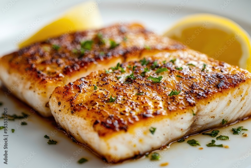 A piece of fish is served with parsley and lemon slices A piece of fish is served with parsley and lemon slices