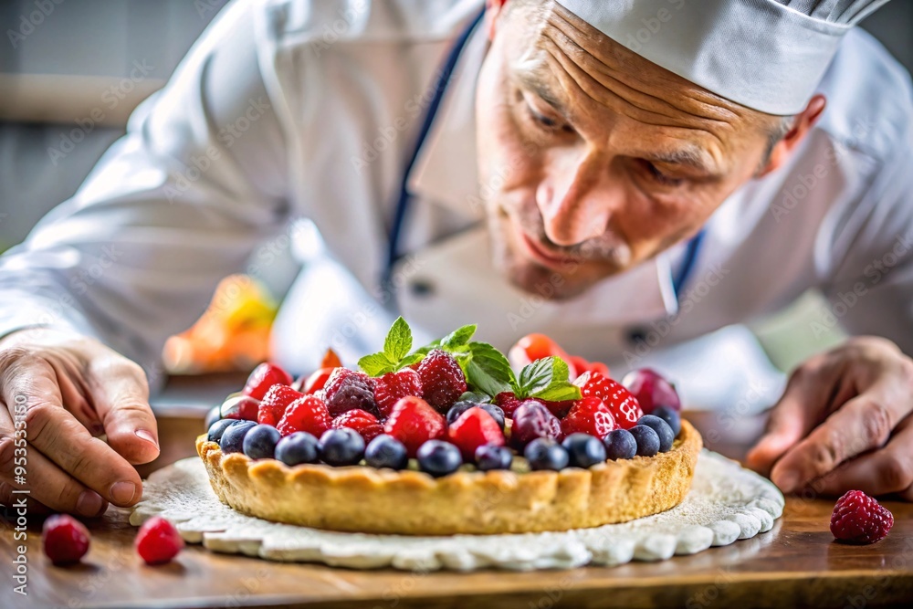 Artisan Pastry Chef Decorating Berry Tart. A dedicated pastry chef meticulously decorates a vibrant berry tart with fresh strawberries, blueberries, and mint leaves. Artisan Pastry Chef Decorating Berry Tart. A dedicated pastry chef meticulously decorates a vibrant berry tart with fresh strawberries, blueberries, and mint leaves.