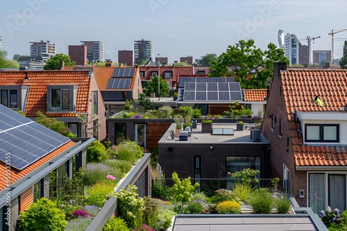 Solar panels tope of house. The view shows dutch suburban houses with flat roofs on small buildings with solar panels. photo