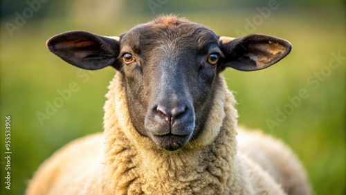 Close up of a mature Suffolk sheep with a distinctive black face , livestock, farm animal, wool, meat, breeding