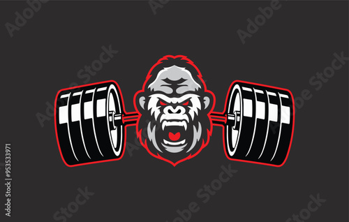Bodybuilding concept with gorilla and barbell. Vector illustration.