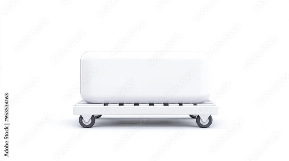 White rectangular object on a wheeled platform, ideal for storage or transportation in a clean, minimalist environment. White rectangular object on a wheeled platform, ideal for storage or transportation in a clean, minimalist environment.