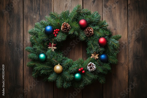 flat lay image of a natural Christmas wreath crafted from lush green pine branches. The wreath is adorned with a few colorful baubles and a delicate ribbon