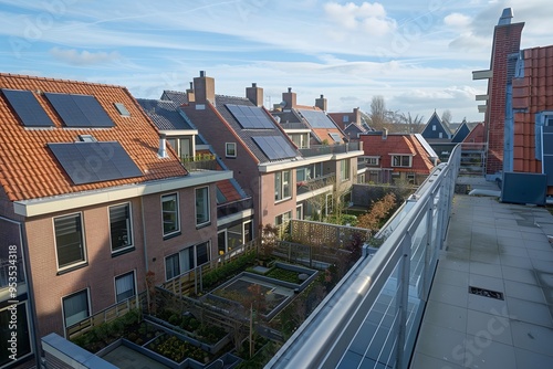 Solar panels tope of house. The view shows dutch suburban houses with flat roofs on small buildings with solar panels. photo