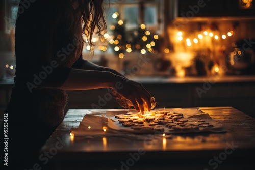 woman standing at a wooden table, her hands gently wrapping homemade Polvorones in festive paper