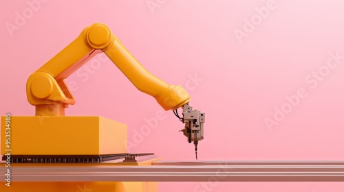 A modern robotic arm in yellow performs precision tasks, showcasing innovation in technology and automation against a pink backdrop.