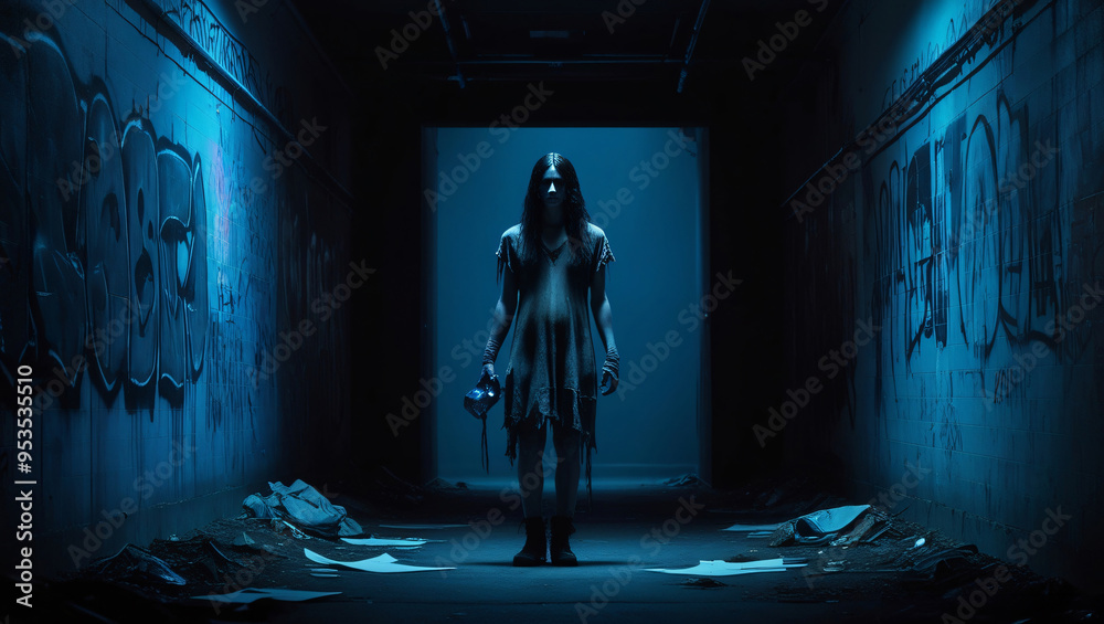 Cinematic horror-style photo of dimly lit hallway with graffiti, eerie blue lighting, woman with dark hair and mask, scattered debris, unsettling ambiance, generative ai Cinematic horror-style photo of dimly lit hallway with graffiti, eerie blue lighting, woman with dark hair and mask, scattered debris, unsettling ambiance, generative ai
