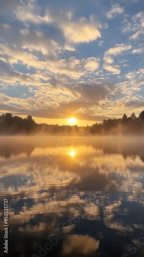 A picturesque sunrise over a calm lake with mist rising from the water