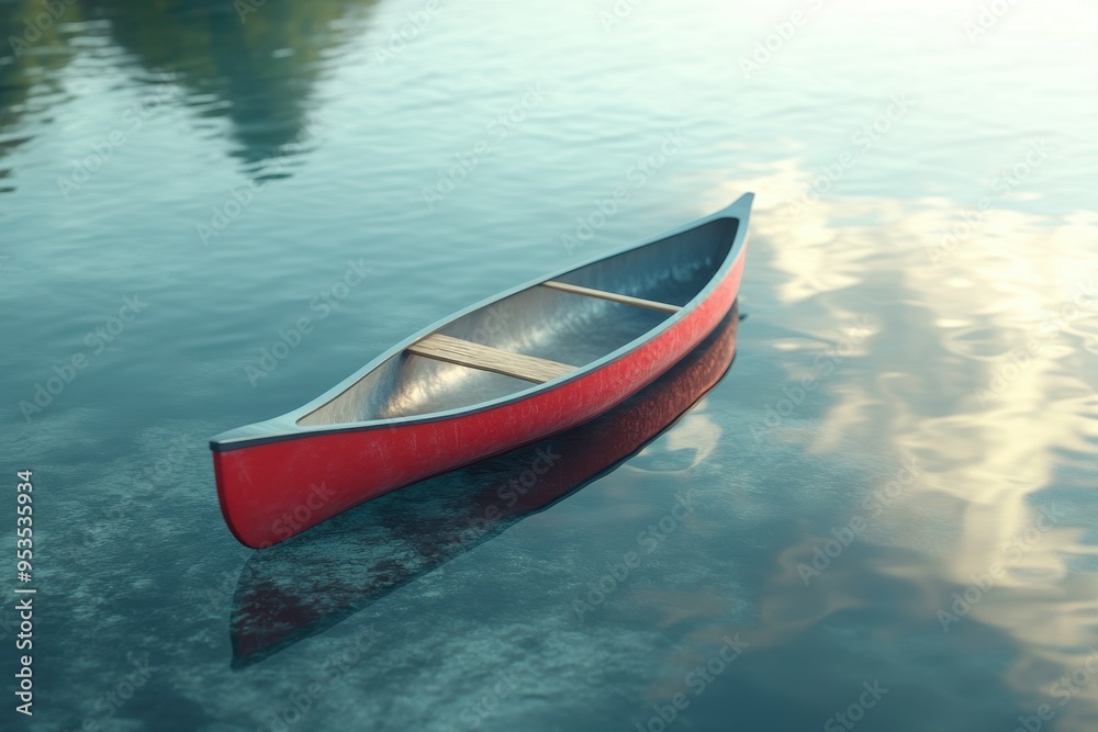 A small wooden boat is floating on a calm lake A small wooden boat is floating on a calm lake