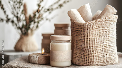 Natural Spa Elements with Candles and Textured Fabrics