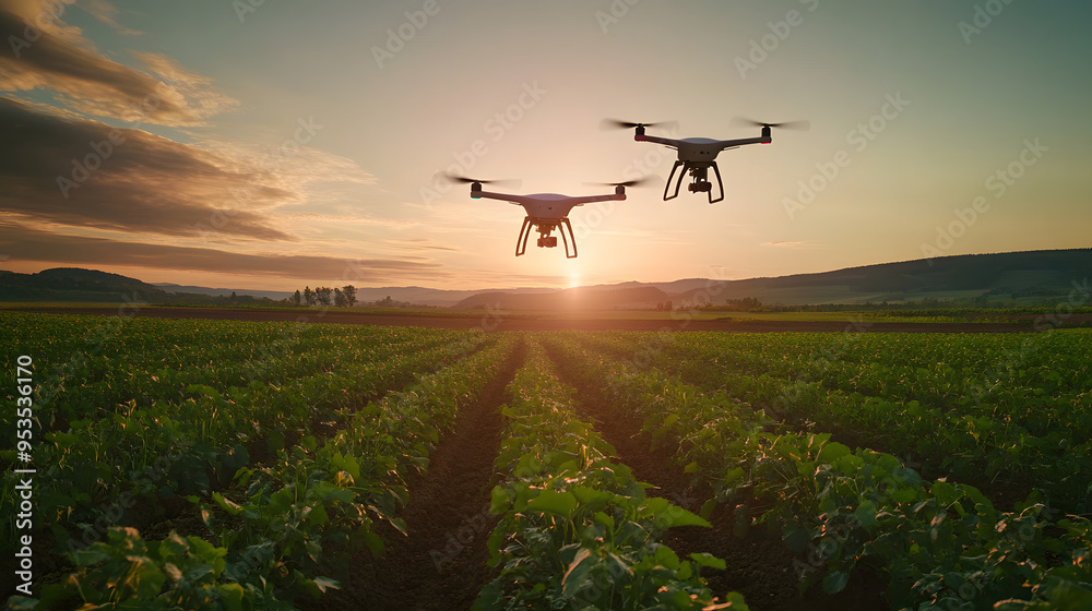 Drones Surveying Agricultural Field at Sunrise Drones Surveying Agricultural Field at Sunrise