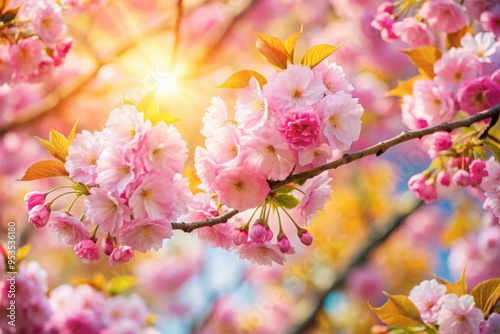 Banner with sakura branches on the background of sun rays