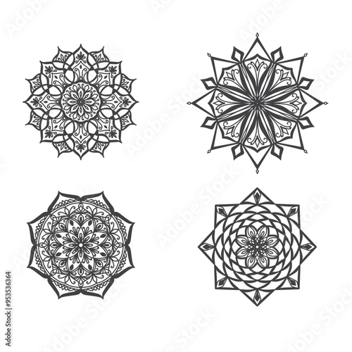 Set of Ethnic Fractal Mandala Vector Tattoo Design looks like Snowflake or Maya Aztec Pattern or Flower.