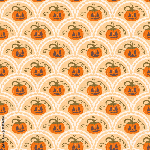 Halloween Pumpkins scallop seamless pattern. Jack O Lantern arch repeat background. All Hallows' Eve retro endless design. Vector hand drawn flat illustration.