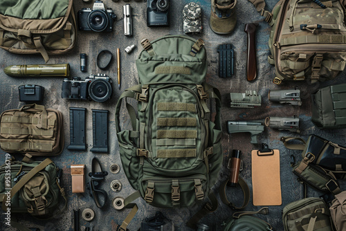 Green military backpack surrounded by gear and supplies guns and tactical equipment for soldier. Military ready for action war army concept photo