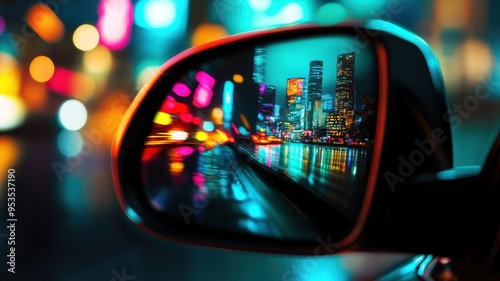 Vibrant Cityscape Reflected in Car Side Mirror at Night with Colorful Lights and Skyscrapers photo