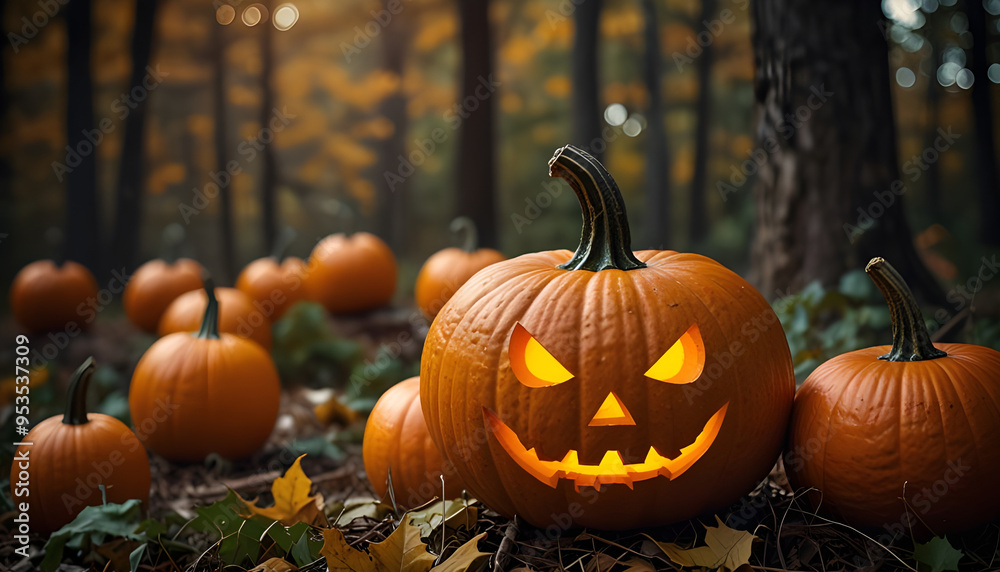 Blurred autumn forest background with halloween pumpkins. Generative AI Blurred autumn forest background with halloween pumpkins. Generative AI