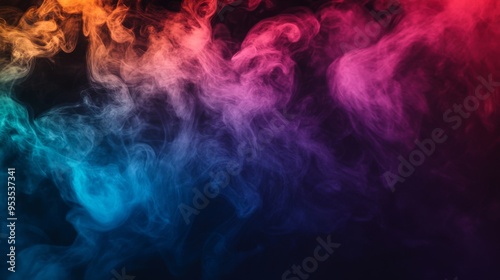 Wide shot of vibrant colored smoke swirling in the air, creating an abstract and dynamic scene with rich hues blending together against a dark background.