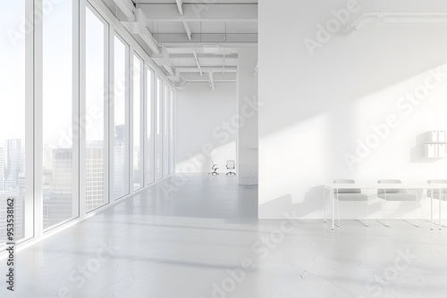 A white modern office interior is depicted with desks and chairs  large windows overlooking the cityscape  white walls and concrete floors  a side view of an empty wall for text or graphics.