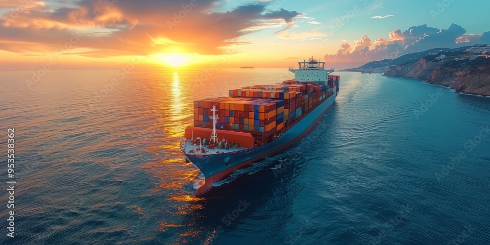 Obraz premium Container ship navigating along a coastline at sunset