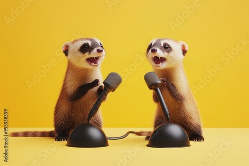 Two raccoons holding microphones and a brush