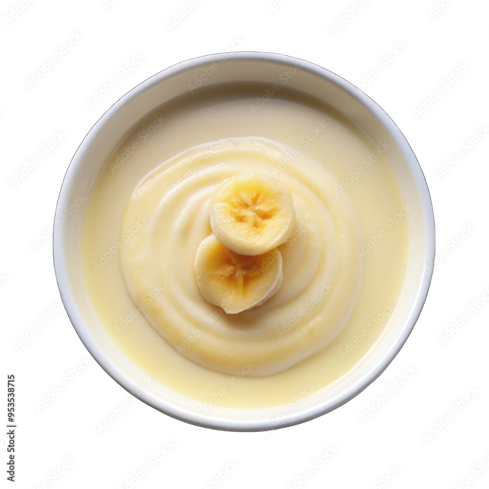 Vanilla pudding with banana slice on white bowl top view isolated on transparent background Vanilla pudding with banana slice on white bowl top view isolated on transparent background