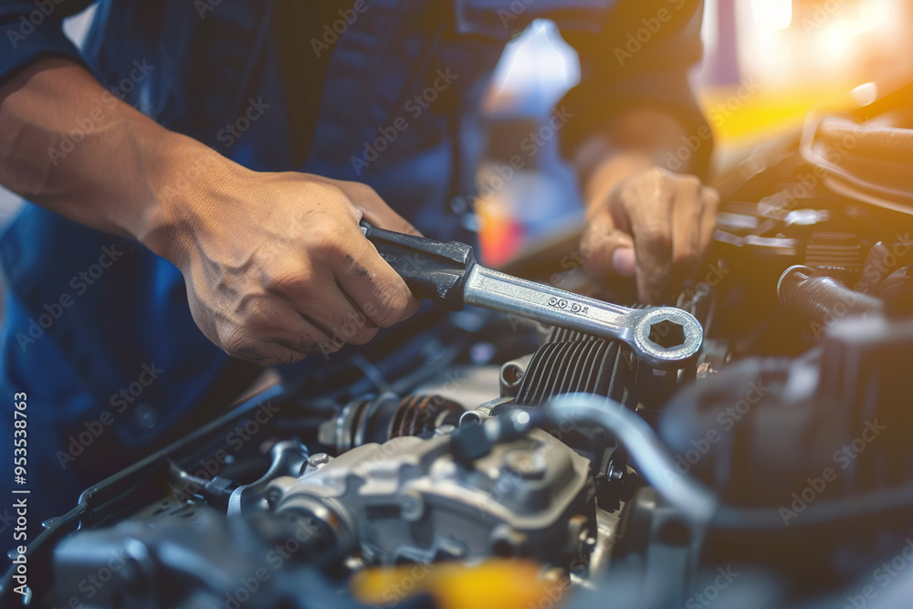 A mechanic is working on a car engine with a wrench, A mechanic is working on a car engine with a wrench,