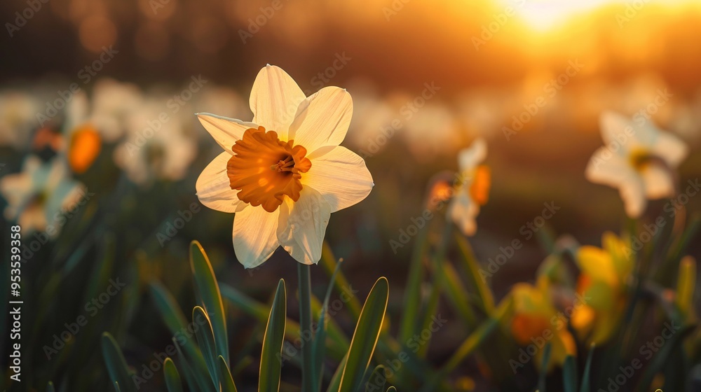 Fototapeta premium White daffodils in the meadow at sunrise. Nature background.