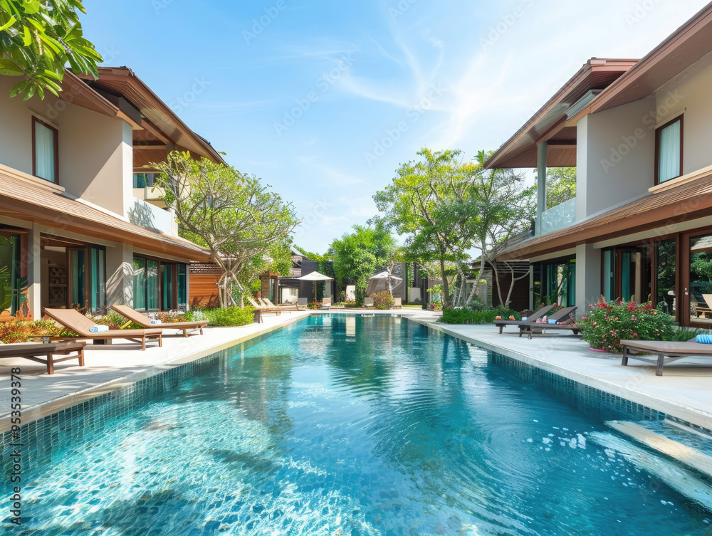 Fototapeta premium Luxury Poolside Villa with Tropical Plants