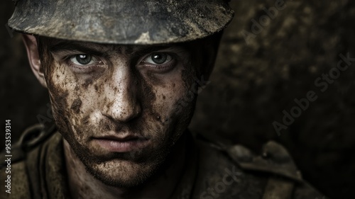 Intense Portrait of a Soldier with Mud-Covered Face and Helmet in a Gritty Battlefield Setting