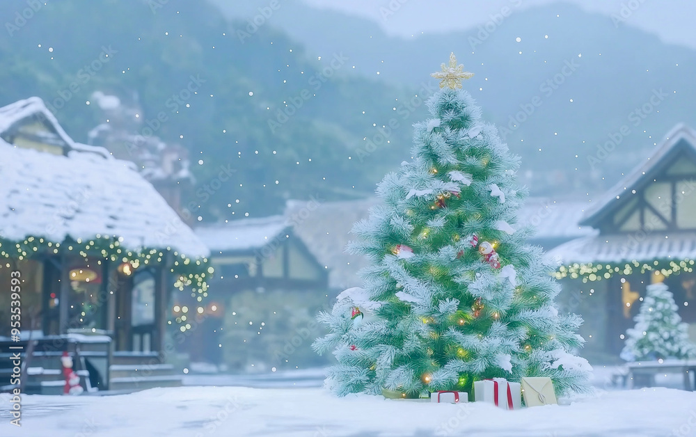 A snow-covered Christmas tree adorned with lights and ornaments stands in a quaint village setting, capturing the essence of winter. A snow-covered Christmas tree adorned with lights and ornaments stands in a quaint village setting, capturing the essence of winter.