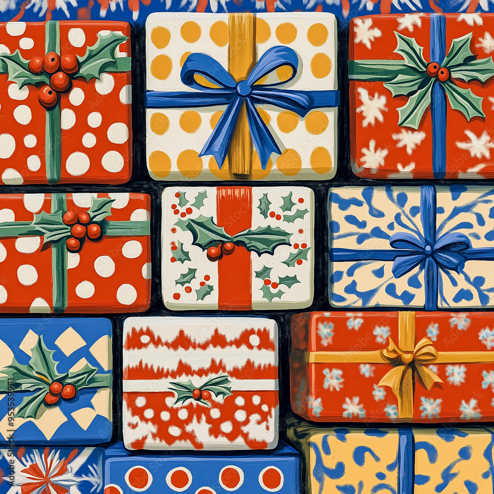 Artistic holiday gift boxes in colorful patterns and ribbons, perfect for a festive and cheerful Christmas celebration. Artistic holiday gift boxes in colorful patterns and ribbons, perfect for a festive and cheerful Christmas celebration.